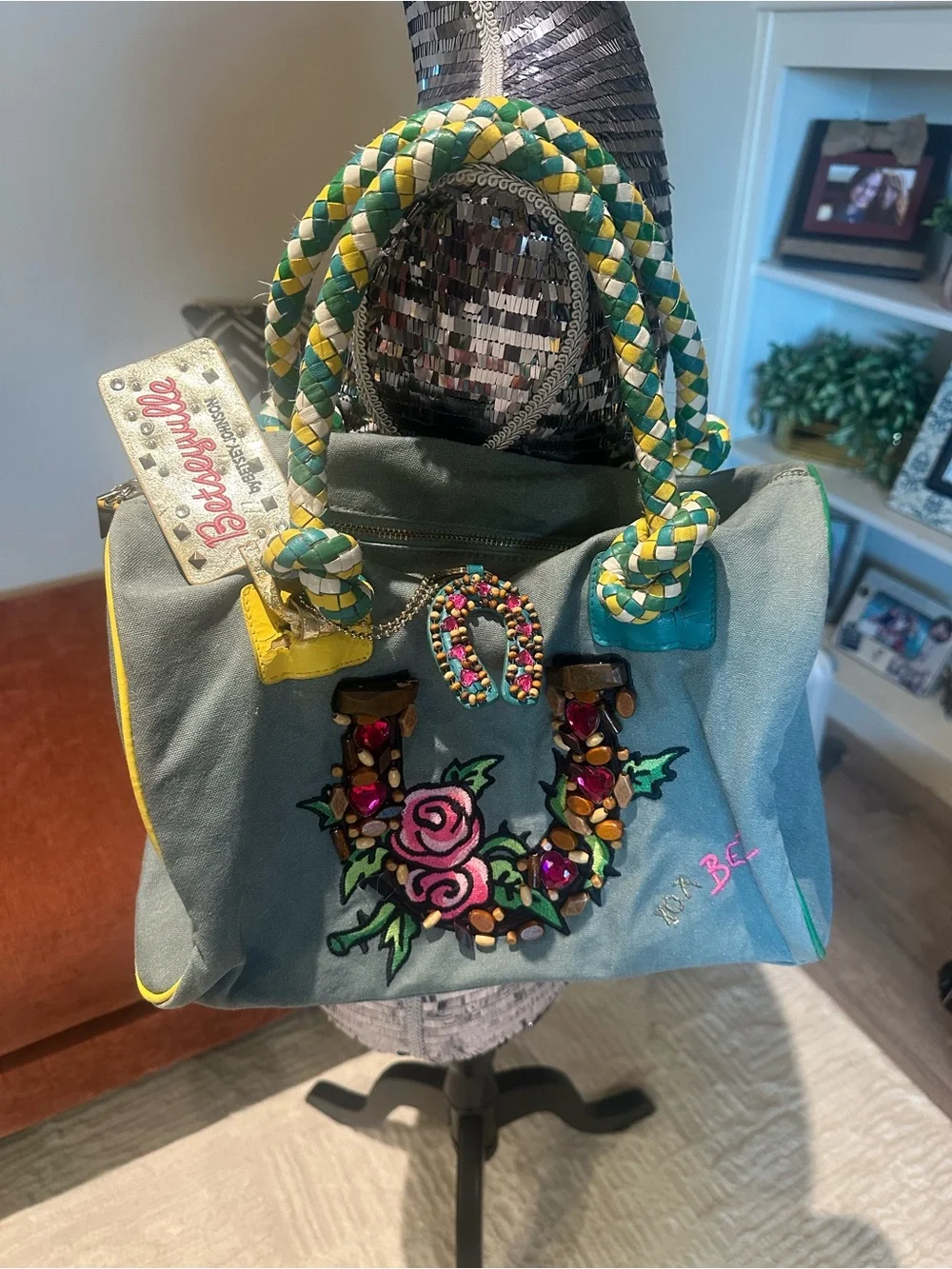 Super Rare Betsey Johnson Sage Green Tote with Yellow Trim and Teal Accents